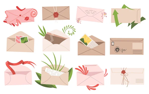 Envelopes Postais Cartas Cartão Isolado Com Selos Selos Estilo Plano — Vetor de Stock