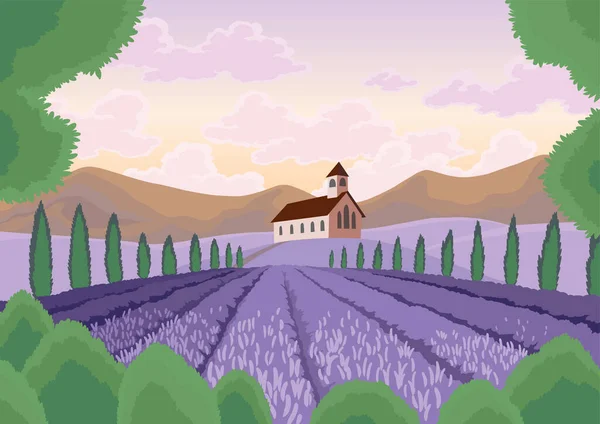 Лавандовый Полевой Пейзаж Сельским Зданием Рука Нарисовала Фиолетовые Цветы Растущие — стоковый вектор