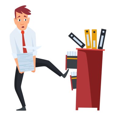 Ofis evrakları. Bir yığın belgesi olan bir ofis çalışanı. Görevli konsept adam stresli ve çok çalışıyor. Bürokrasi ve aşırı çalışma.