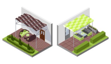 Avlunun içinde verandalı izometrik kompozisyonlar var. Yukarıdan korunan özel teraslı bir ev. Masa yeri için veranda kaplıydı. Modern mimari.