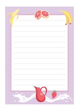 Recipe card. Cooking card template. Culinary notes and sticker with cute ingredients. Menu note template.