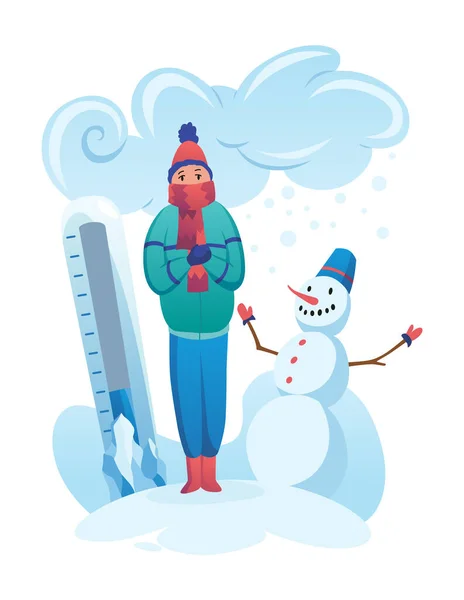 Clima Frío Meteorología Termómetro Ilustración Personaje Masculino Dibujos Animados Temporada — Vector de stock