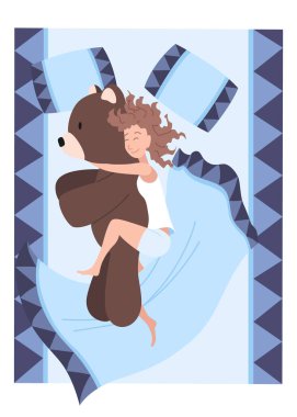 Yatakta uyuyan insanlar. Gece uykusunda uzanan bir karakter. Yatak odasında ayılı uyuyan kız. Dişi gece rüya pozisyonu.