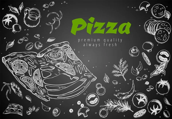 Hand Drawn Pizza Line Banner Engraved Style Chalk Doodle Background — Vector de stock