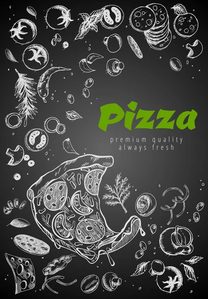 Hand Drawn Pizza Line Banner Engraved Style Chalk Doodle Background — Vettoriale Stock