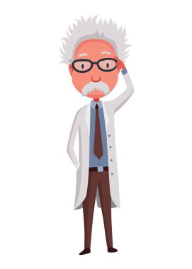Yaşlı bilim adamı. Gözlük ve laboratuvar önlüğü takan komik bıyıklı karakter. Bilimde keşif. Çizgi film tarzında vektör illüstrasyonu.