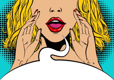 Çizgi roman kızı. Sarı saçlı, ağzı açık, pop sanatçısı bir kadın yüzü. Konuşma balonu olan genç bir kadın. Pop sanat retro tarzında parlak bir illüstrasyon. Parti davetiyesi posteri.