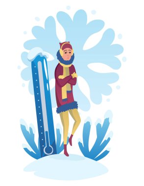 Soğuk hava. Meteoroloji termometre çizimi. Kış sezonunda çizgi film karakteri. Bulutlu hava.