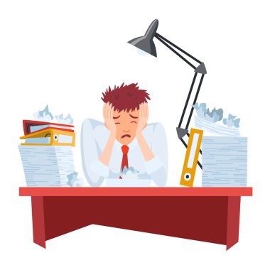 Ofis evrakları. Bir yığın belgesi olan bir ofis çalışanı. Görevli konsept adam stresli ve çok çalışıyor. Bürokrasi ve aşırı çalışma.