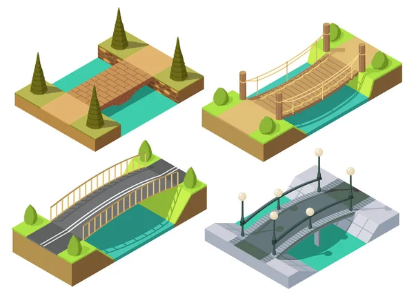 ブリッジ等角セット ゲームやアプリケーションのための近代的な都市インフラストラクチャの3D分離描画要素 川を渡って草や木 アイソメトリックアイコンです 元素情報学 — ストックベクタ