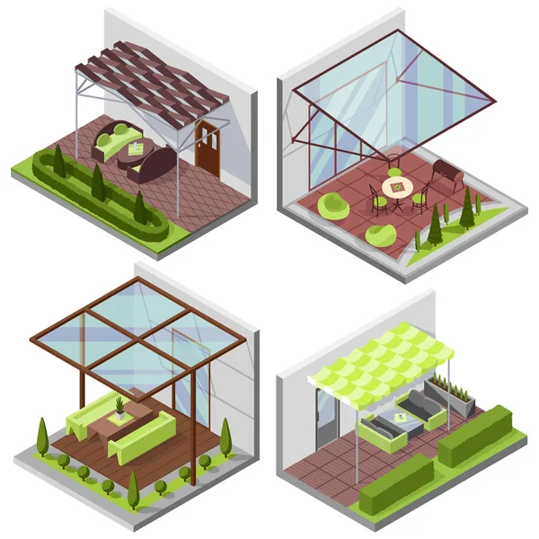 Conjunto Composiciones Isométricas Patio Interior Con Patio Casa Con Terraza — Vector de stock