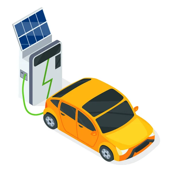 等距电力生态交通 电动汽车 装有太阳能电池板的车辆充电站 平面矢量图解 电力驱动的 — 图库矢量图片