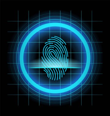 Parmak izi tanımlaması. Fütürist teknoloji. Parmak izi, güvenlik veya tanımlama sistemi konsepti, vektör illüstrasyonu tara. Biyometrik veri tasarımı. Başparmak çizgilerinin güvenlik sistemi.