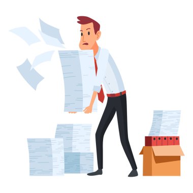 Ofis evrakları. Bir yığın belgesi olan bir ofis çalışanı. Görevli konsept adam stresli ve çok çalışıyor. Bürokrasi ve aşırı çalışma.