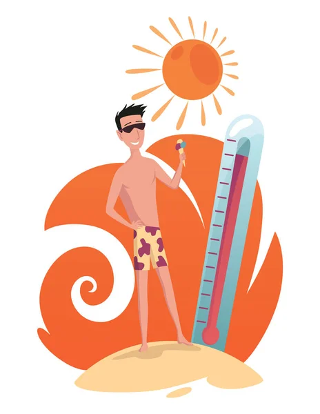 炎热的天气 气象学温度计图解 卡通片男主角在夏季 阳光灿烂 — 图库矢量图片