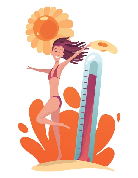 Heißes Wetter Illustration Des Meteorologiethermometers Cartoon Weibliche Figur Der Sommersaison — Stockvektor