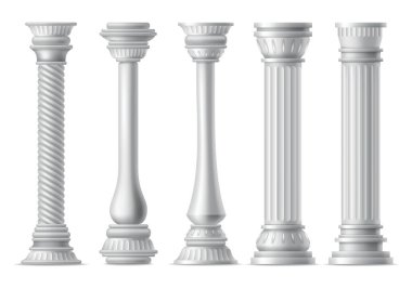 Antika sütunlar, gerçekçi ikon seti. Roma ya da Yunan mimarisinin klasik taş sütunları ön cephe tasarımı için çarpık ve oluklu süslemeleri var..