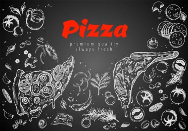 Hand drawn pizza line banner. Engraved style chalk doodle background. Savoury pizza ads. Tasty vector banner for cafe, restaurant or food delivery service.