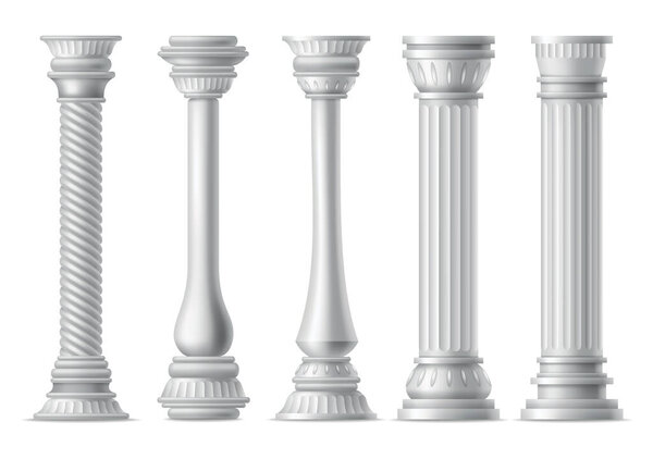 Antique columns, realistic icon set. Classic stone pillars of roman or greece architecture with twisted and groove ornament for facade design.