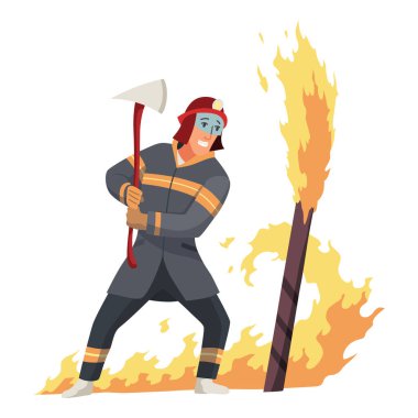 Cesur itfaiyeci iş başında. İtfaiye teşkilatından bir adam. Yüzü tamamen itfaiyeci şeklinde duruyor. Kişisel koruyucu ekipmanlarıyla. Güvenlik, kurtarma ve acil servis kavramı.