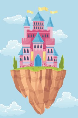 Uçan ada peri masalı şatosu. Kuleleri, vektör ortaçağ kalesi ya da kalesi olan karikatür fantezi sarayı. Gökyüzünde peri masalı krallığı binası.