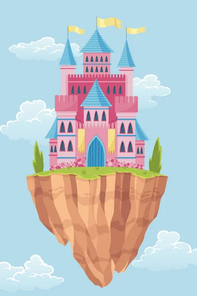 Сказочный Замок Летающем Острове Мультфильм Фантастический Дворец Каруселями Векторной Средневековой — стоковый вектор