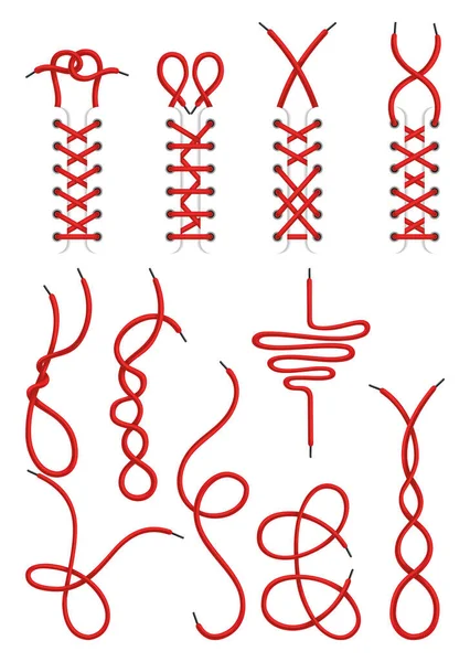 Rote Spitzenschuhe Programme Zum Binden Von Schnürsenkeln Symbolset Mit Gebundenen — Stockvektor