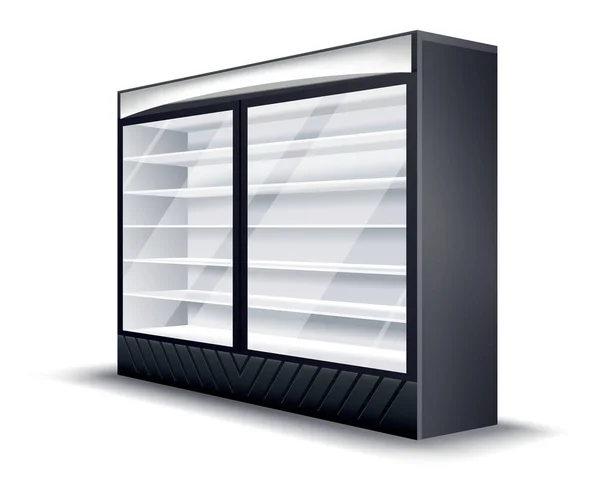 商业冰箱 现实的空冰箱 超级市场商业冷藏设备 饮料和食品用冰冻器具 — 图库矢量图片