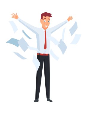 Ofis evrakları. Bir yığın belgesi olan bir ofis çalışanı. Görevli konsept adam stresli ve çok çalışıyor. Bürokrasi ve aşırı çalışma.