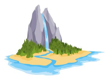 Okyanusta palmiye ağaçları olan tropik bir ada. Sahili, şelalesi ve deniz suyuyla çevrili kayaları olan ıssız bir ada. Boş arazi ve insan yok. Tatil için egzotik doğal manzara.