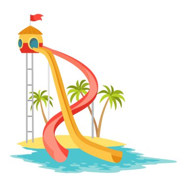 Renkli plastik tornavidayla su kaydırağı. Aquapark ve havuz ekipmanları, eğlence ya da eğlence parkı, eğlenceli grafik tasarım unsurları. Yaz eğlencesi.