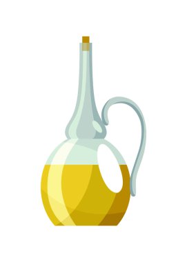Sebze yağı şişesi. Yemek yapmak için vitamin yağıyla birlikte. Tohumdan yapılan saf organik sağlıklı sıvı ürün. Ayçiçeği ürünü ile izole edilmiş çizgi film simgesi.