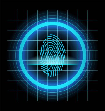 Parmak izi tanımlaması. Parmak izi, güvenlik ya da tanımlama sistemi konseptini tara. Fütürist teknoloji. Biyometrik veri tasarımı. Başparmak çizgileri ve vektör illüstrasyonuna dayalı güvenlik sistemi.