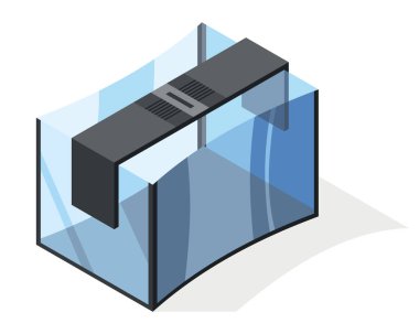 Modern minimalist tarzda Isometric akvaryumu. Sergi için şeffaf akrilik, plastik veya pleksiglas kutu. Beyaz arkaplanda vektör çizimi boş cam gösterimi.