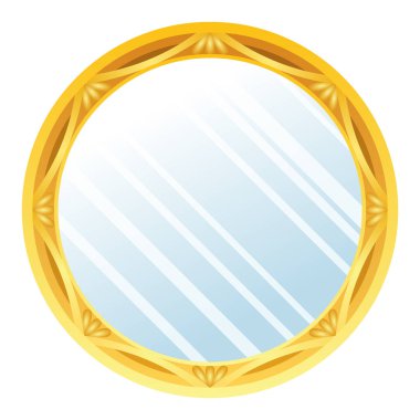 Altın ayna. Dekoratif klasik duvar aynası, eski moda aynalı çerçeve. Altın çerçeveli yansıtıcı ayna yüzeyi. Moda olmuş yuvarlak iç nesne, vektör illüstrasyonu.