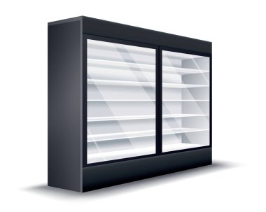 Ticari buzdolabı. Gerçekçi boş buzdolabı. Süpermarket ticari dondurucu ekipmanları. İçecekler ve yiyecekler için aletleri dondur.