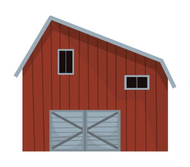 Barn ikonu. Çiftlik mimarisi binası. Çizgi film çiftlik kulübesi. Köy tarzı ahşap ahşap ahır. Beyaz arkaplanda düz biçimdeki vektör illüstrasyonu.