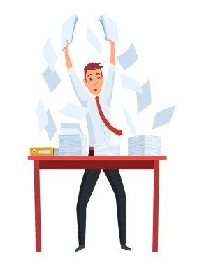 Ofis evrakları. Bir yığın belgesi olan bir ofis çalışanı. Görevli konsept adam stresli ve çok çalışıyor. Bürokrasi ve aşırı çalışma.