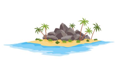 Okyanusta palmiye ağaçları olan tropik bir ada. Sahili olan ıssız bir ada, deniz suyuyla çevrili kayalar. Boş arazi ve insan yok. Tatil ya da yaz tatili için egzotik doğal manzara.