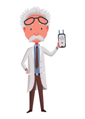 Old scientist shows electrical appliance. Funny moustached character wearing glasses and lab coat. Discovery in science. Vector illustration in cartoon style.