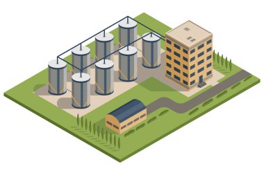 Isometric grain elevator, silos complex. Storage of grown harvest. Transrportation of agricultural products. Granary, industrial building factory. Vector stylized icon.