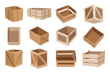 Wooden boxes. Retail, logistics, delivery, storage concept. Delivery containers, empty parcels, shipping crates isolated vector illustration set. Cargo distribution packs for food or products.