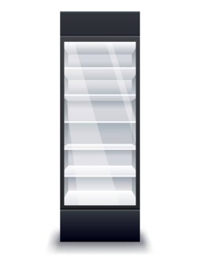 Ticari buzdolabı. Gerçekçi boş buzdolabı. Süpermarket ticari dondurucu ekipmanları. İçecekler ve yiyecekler için aletleri dondur.