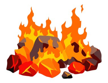 Yanan kömür. Kömür yığınının üzerinde gerçekçi, parlak bir ateş. Izgara şöminesi, sıcak karbon ya da parlayan kömür resmi için yakın çekim vektör çizimi.