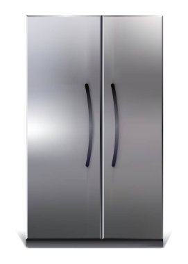 Yiyecekleri korumak için gri dikey buzdolabı. İki kapılı gümüş buzdolabı. Ev için modern soğutucu, ürün depolama.