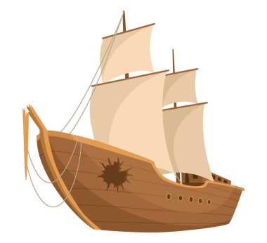 Broken ship icon. Cartoon wooden battered ship with tattered board after wreck or attack. Destroyed, wreck ship isolated on white background.