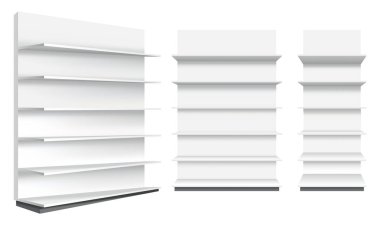 Rafları saklayın. Geniş bir süpermarket şablonu. Beyaz boş perakende raf seti. Tasarımınız için model şablonu hazır. Beyaz arkaplanda izole.