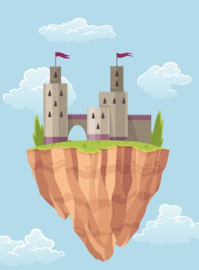 Uçan ada peri masalı şatosu. Kuleleri, vektör ortaçağ kalesi ya da kalesi olan karikatür fantezi sarayı. Gökyüzünde peri masalı krallığı binası.