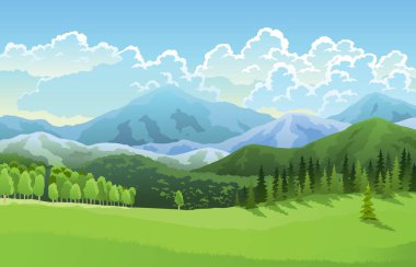 Landscape mountains, grasslands meadows and blue sky with clouds. Cartoon flat panorama of spring summer forest. Beautiful nature background. Vector illustration.