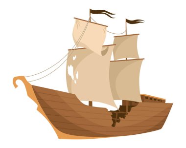 Broken ship icon. Cartoon wooden battered ship with tattered flag and sails after wreck or attack. Destroyed, wreck ship isolated on white background.